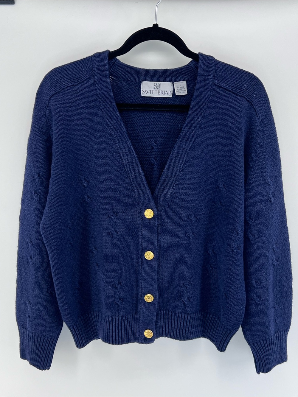 Vintage 90s Cable Knit Cardigan Sweater Sz L Navy Blue Gold Buttons Academia Ivy